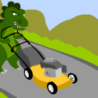 Green Dragon Pushing a Lawnmower