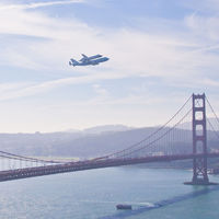 Space Shuttle buzzes the Golden Gate Bridge