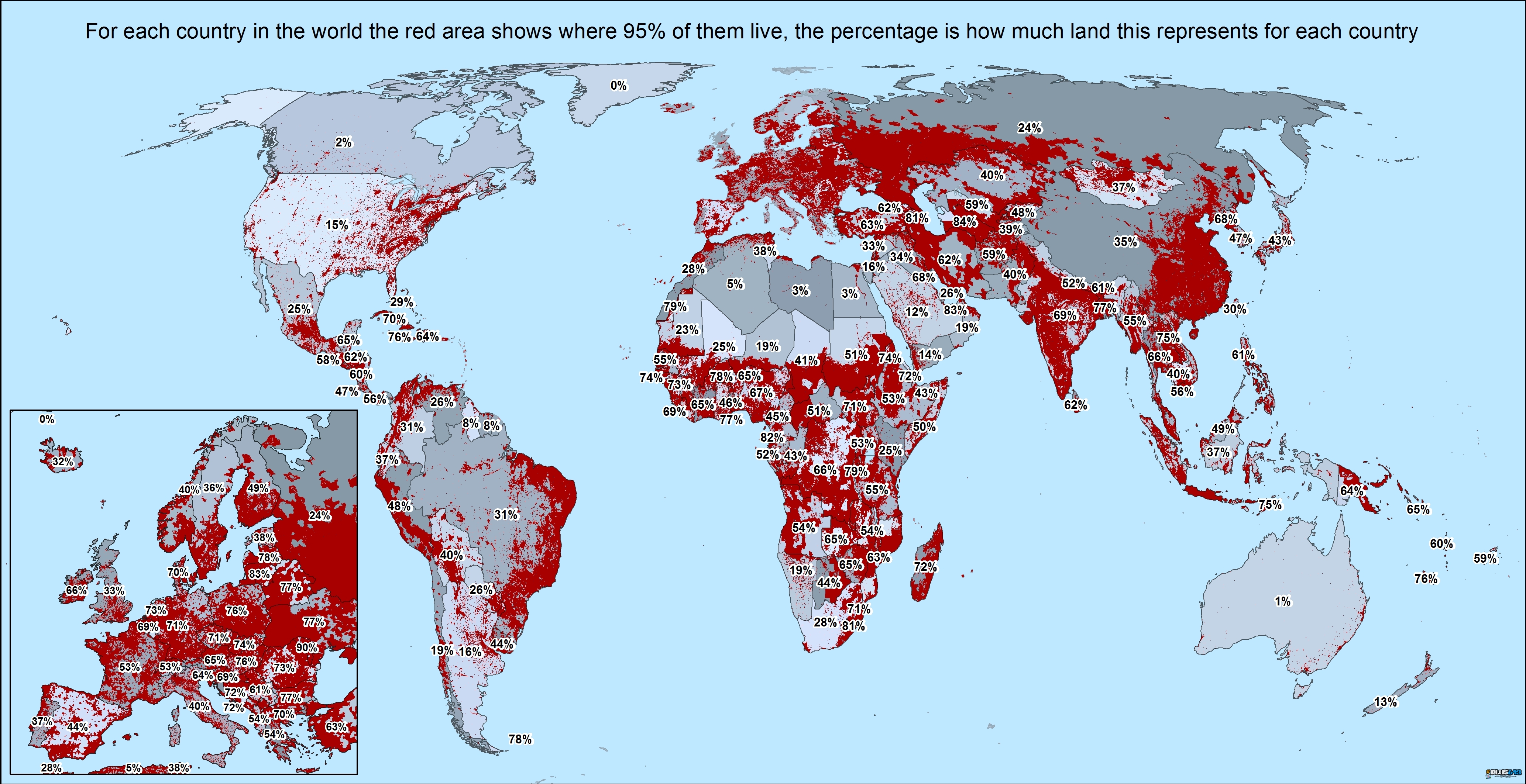 Where the worlds population lives, and how much of the land is taken by people