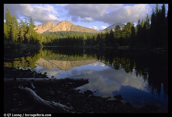 Reflection lake and Chaos Crags, sunset. Lassen Volcanic National Park