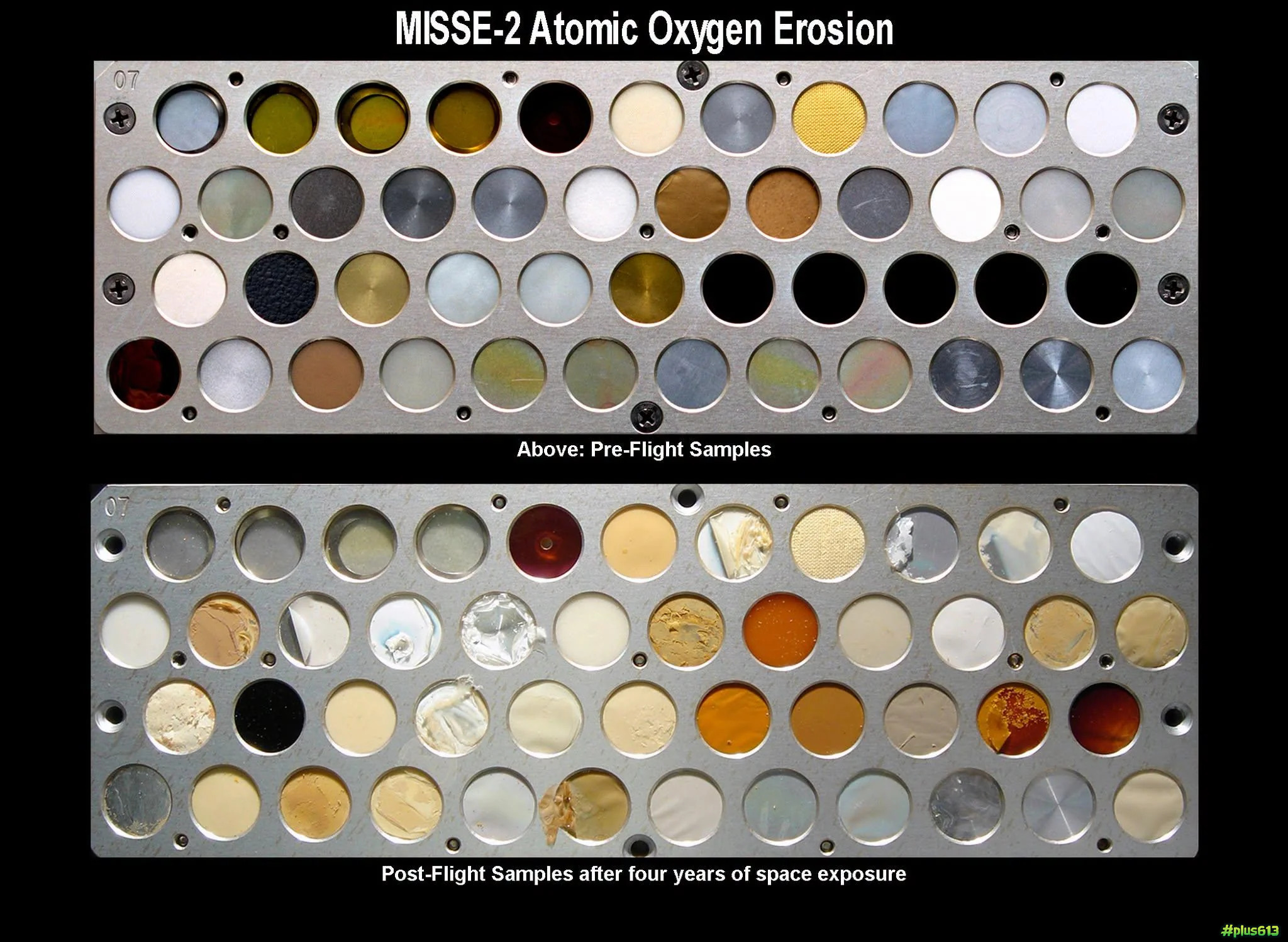Different material samples after 4 years outside the space station 