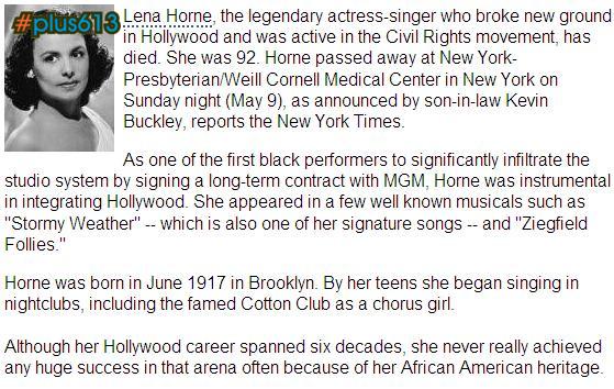Lena Horne dies at 92