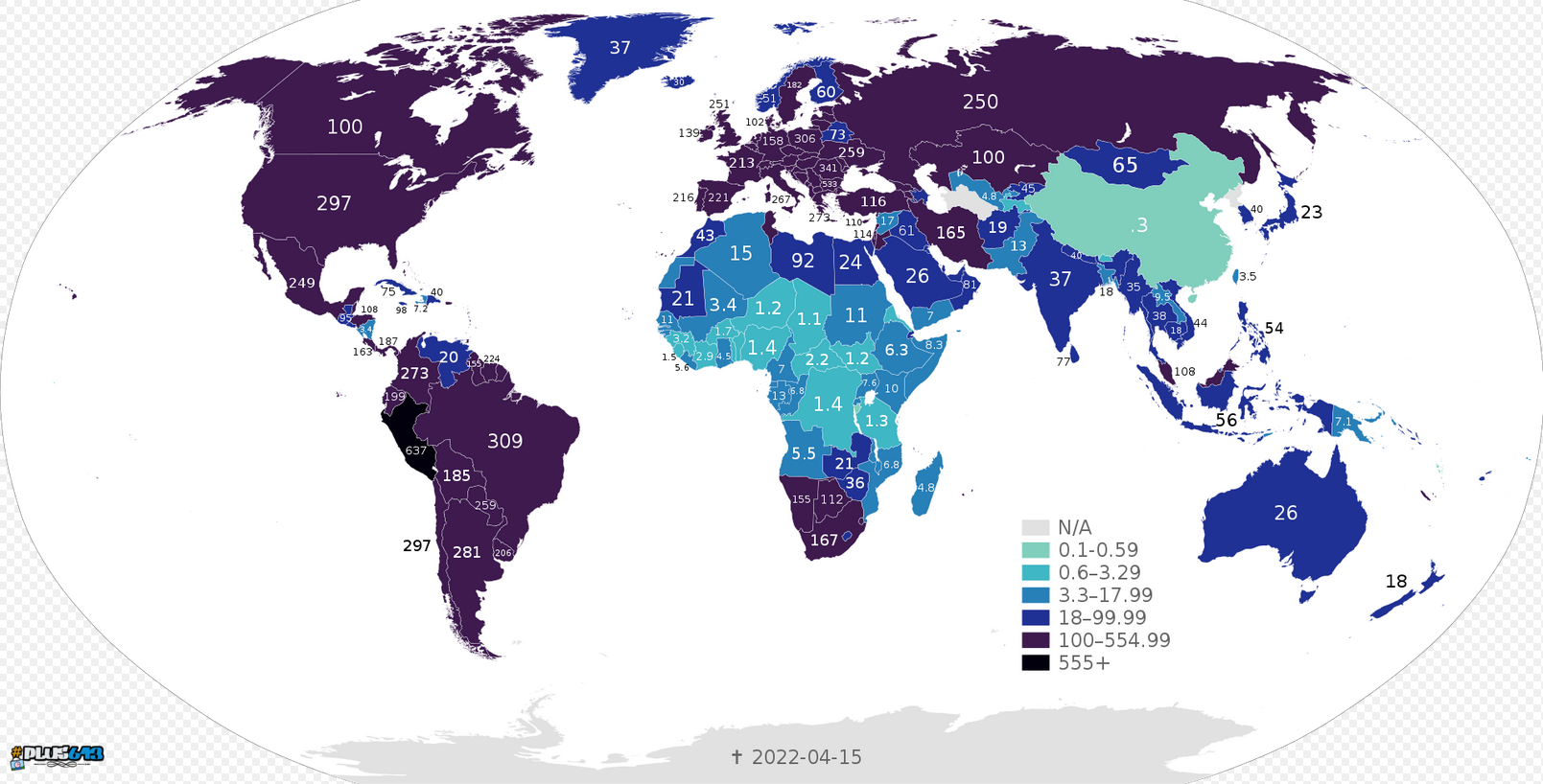 Current global COVID deaths per 100,000 population