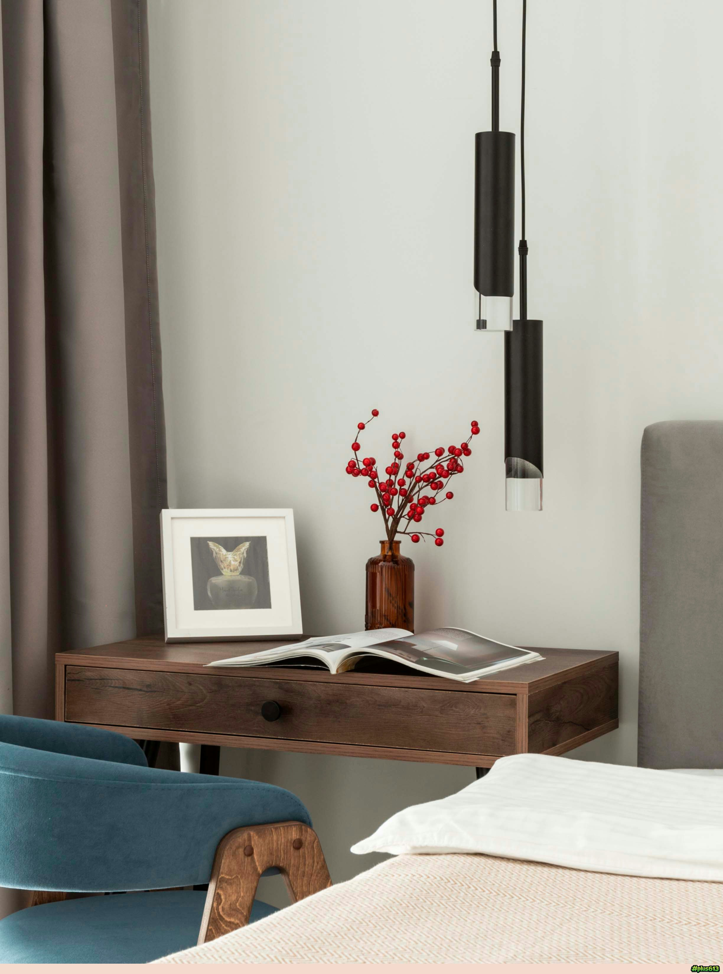 Modern bedside table with lamp and decor by Aleksandra Dementeva