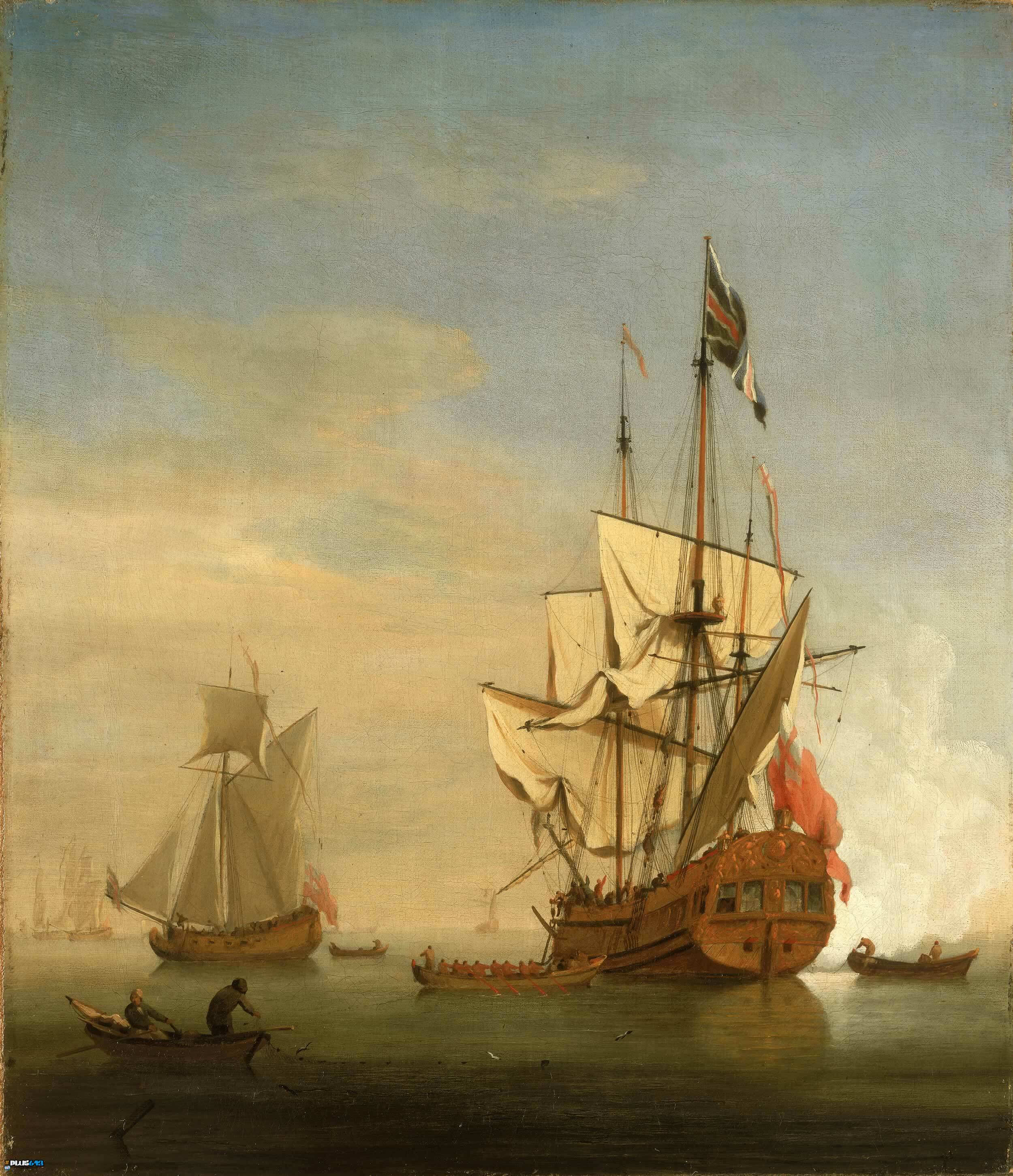 An English Sixth Rate Ship Firing a Salute as a Barge Leaves a Royal Yacht Nearb