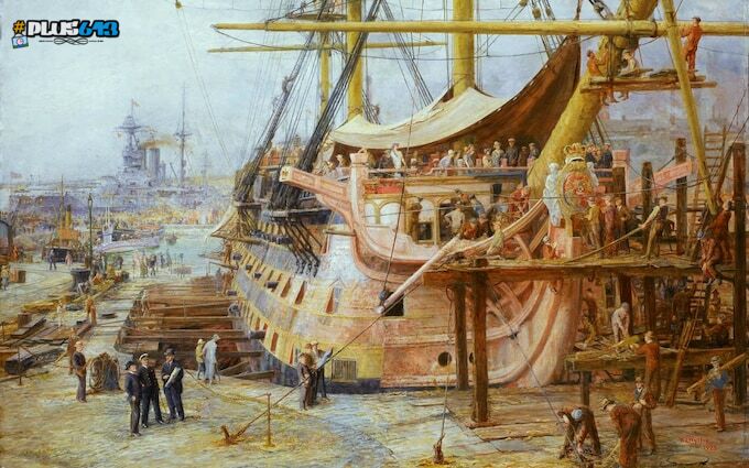 1925 painting of HMS Victory undergoing repairs