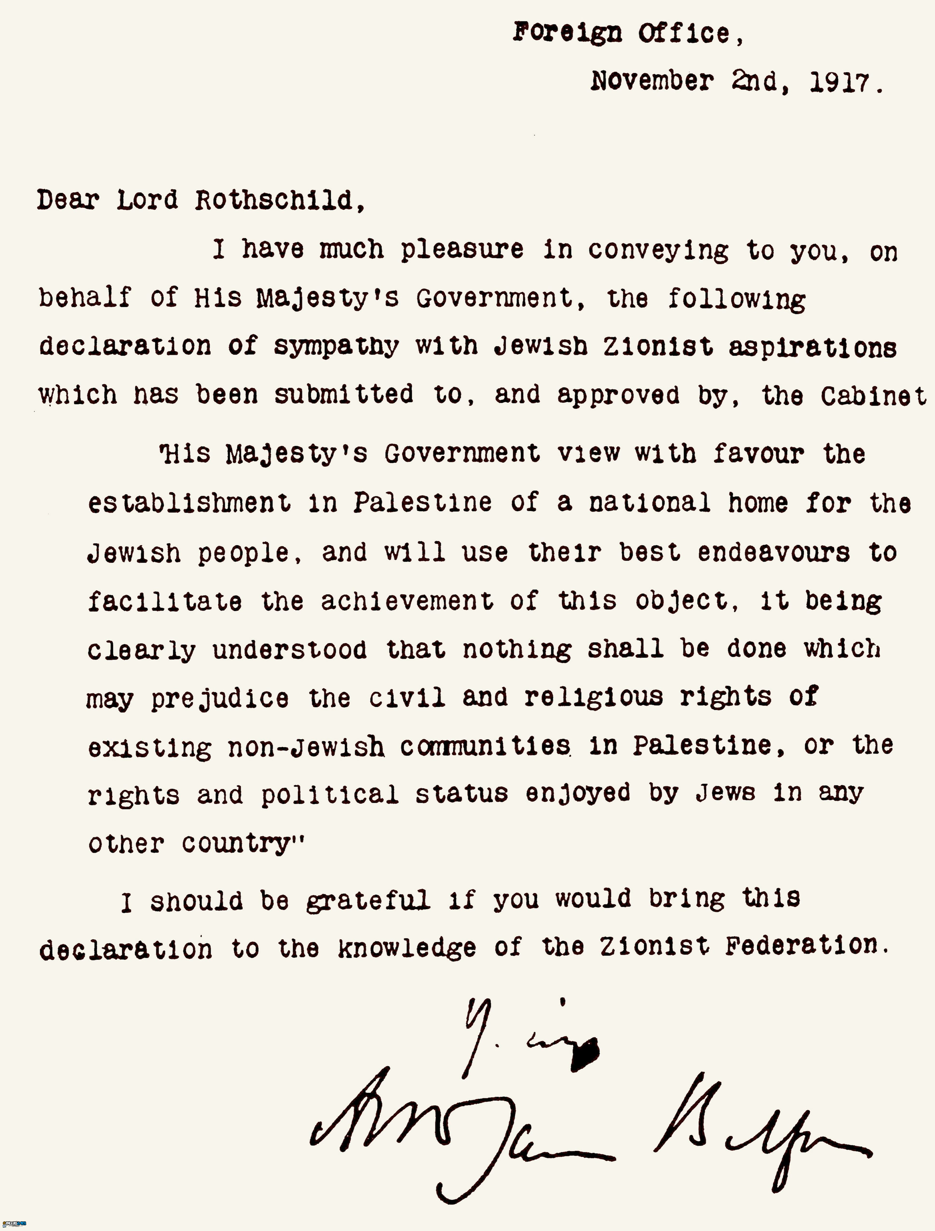 Balfour Declaration, directs some British Commonwealth policy in the Middle East