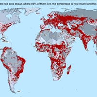 Where the worlds population lives, and how much of the land is taken by people