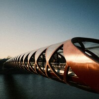 Modern curved bridge over dark water under clear sky by Vitalii Khodzinskyi