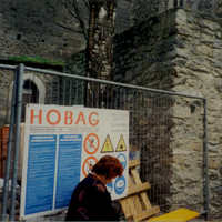 Construction sign in castle courtyard - Sans in Taufers,Italy